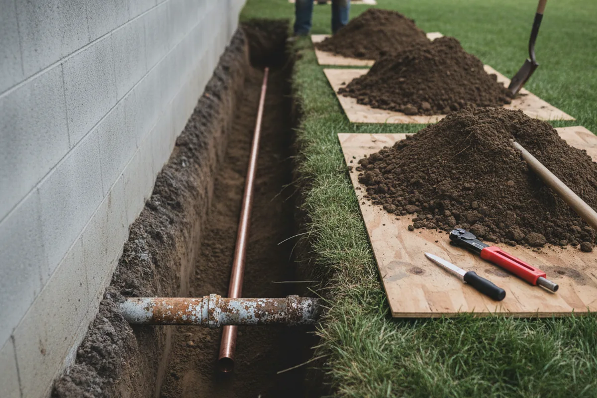 Excavated water line trench during Water Softener Installation in Romney